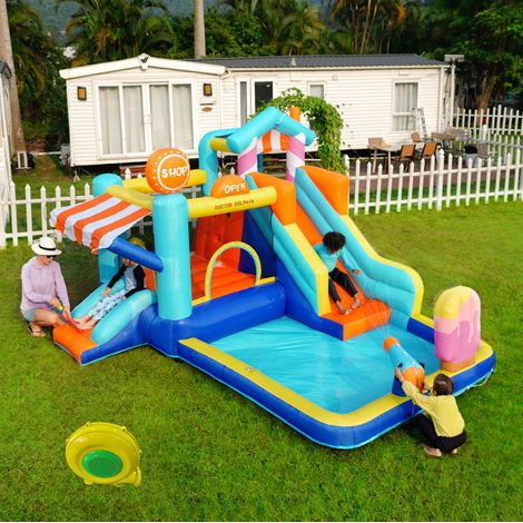 Castillo hinchable infantil parque acuático con tobogán, 450 W, azul multicolor OKMYHOME (1/5)