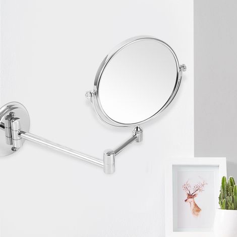 Miroir de maquillage mural double face pliable en cuivre pour salle de bain (base ronde argentée brillante de 15 cm) (1/5)