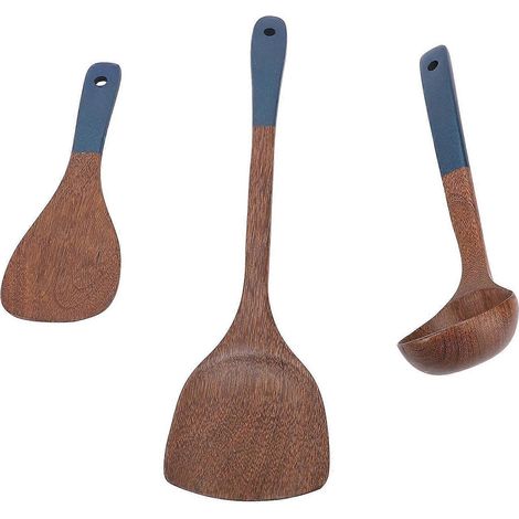 Ensemble d'ustensiles de cuisine en bois : spatule, louche, cuillère à soupe avec trou de suspension (1/4)