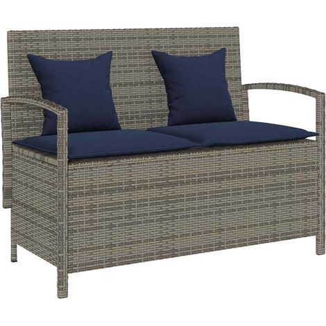 Gartenbank mit Stauraum und Kissen Grau Poly Rattan