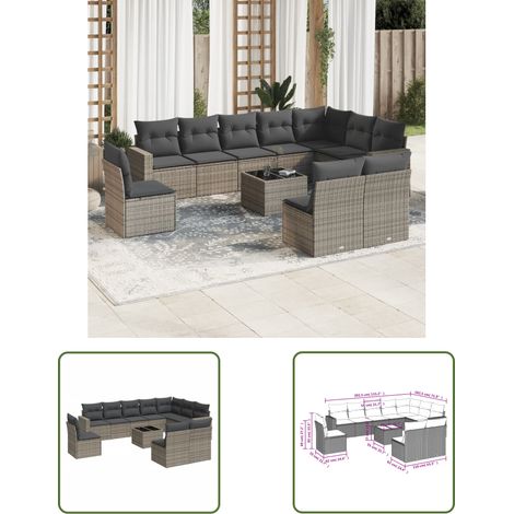 The Living Store 11-tlg. Garten-Sofagarnitur mit Kissen Grau Poly Rattan - Gartenmöbel - PE-Rattan Möbel - Outdoor Sofa Set - Lounge Gruppe - Esstisch