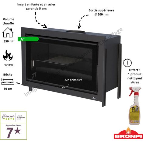 Bronpi – Insert cheminée à bois frontal 15 kW – Rendement 81 % – Volume chauffé 375 m³ – Acier gris anthracite – Porte en fonte vitrocéramique
