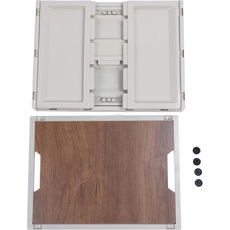 Caisse de rangement pliable camping avec couvercle bois empilable mobile transportable bac plastique MDF 52L gris blanc pour maison extérieur (1/5)