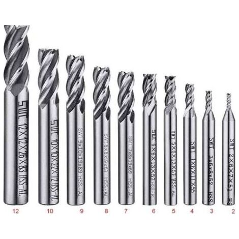 Lot de 10 forets à 4 cannelures - de 2 à 12 mm Fraise en Bout- Ensemble de forets à tige droite HSS CNC pour perceuse - Ensemble d'outils pour bois, aluminium, acier et titane (1/4)