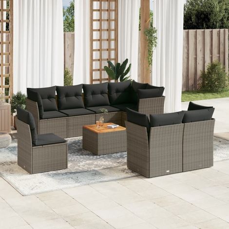 Set de muebles de jardín 9 pzas y cojines ratán sintético gris vidaXL (1/5)