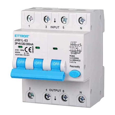 Differentialschutzschalter 3P+N 63A 6kA 300mA 380V belegt 4 DIN-Module Ettroit JX266363