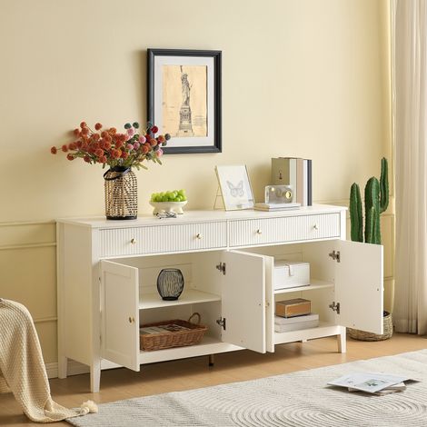 Buffet Bahut 160 cm, Meuble de Rangement, avec 4 Portes, 2 Tiroirs et Poignées Dorées, Moderne, pour Salle à Manger Cuisine Salon, Blanc Mat