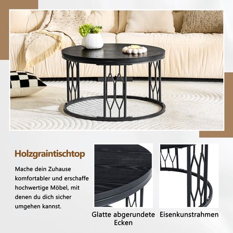 Table ronde en bois effet chêne avec piètement métal noir, table de salon moderne à cadre géométrique en fer, robuste table d'appoint ronde, Ø70 x H40,5 cm (1/5)