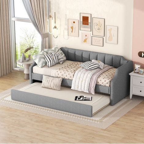 DESVIAE Lit de jour gigogne capitonné gris 90 x 200 cm avec lit d’appoint et structure en bois massif pour chambre enfant et chambre d’amis (1/5)