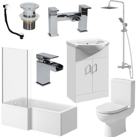 Bathroom Suite 1700mm L Shaped LH Bath Toilet Vanity Unit Basin Shower Tap Waste (1/5)