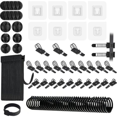 58 Pièces Kit de Gestion de Câbles avec 1 Peigne de Reliure, 25 Attache Cable Autocollant, 4 Paires Crochets Muraux Auto-adhésifs, 20 Serre Câble Réutilisables, 8 Clips Câble (1/5)