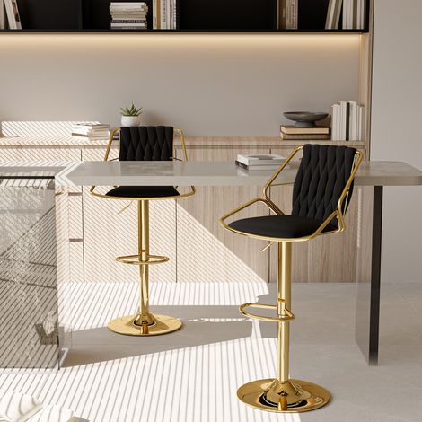 Set di 2 sedie da bar in velluto, sgabelli da bar scandinavi, altezza regolabile, con schienale intrecciato, poggiapiedi, girevole a 360 gradi, sedie da pranzo, nero (1/5)
