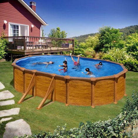 GRE – Piscine hors sol acier aspect bois ovale 6,34 x 3,99 x 1,22 m – Filtration à sable 3 m³/h – Volume 20,9 m³ – Échelle de sécurité