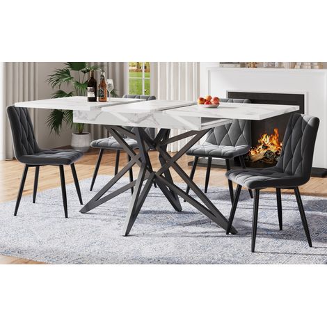 Ensemble table à manger extensible 120/160 × 68 cm + 4 chaises velours gris foncé motif diagonal, pieds noirs, cuisine & salle à manger (1/4)