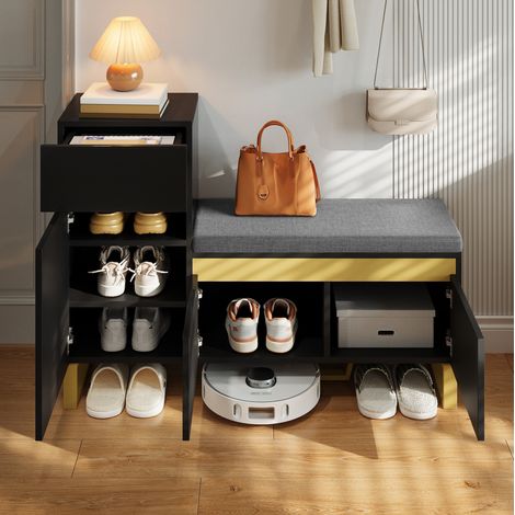 Meuble à chaussures 120x35x85 cm noir en MDF avec banc rembourré, tiroir et rangement ouvert (1/5)