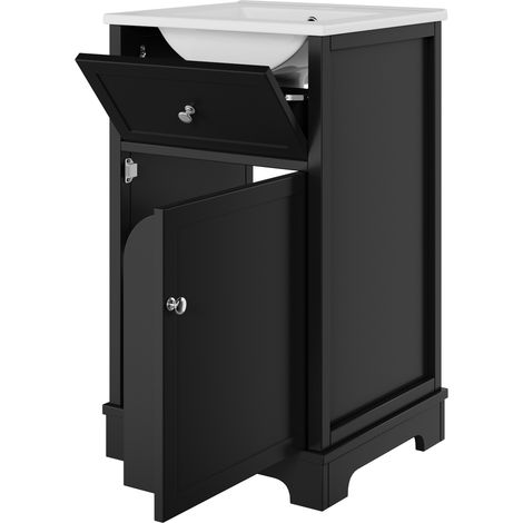 Meuble-lavabo MDF noir, 51x46x87 cm, laqué, tiroir coulissant, étagères réglables, portes rangement, pieds hauts (1/5)