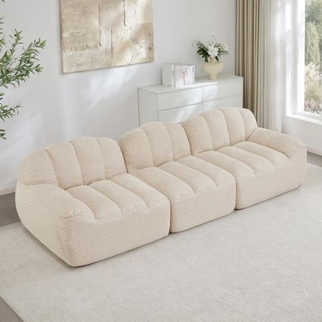 Canapé modulable 3 places, structure sans armature en mousse haute densité 32D, assise profonde, idéal pour le salon, revêtement en tissu doux, beige et blanc (1/5)