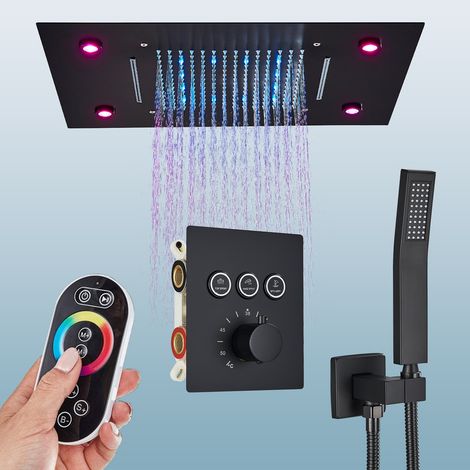 Suguword – Colonne de douche encastrée noire avec LED – Affichage numérique – Pommeau 49cm×35cm – Douchette à mains – Robinet cascade (1/5)