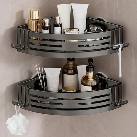 Etagere Angle Salle de Bain sans Perçage, Ventouses Puissantes, Alu Antirouille Amovible, étagère douche angle pour Douche & Cuisine (Lot 2, Gris Gunmetal) (1/5)