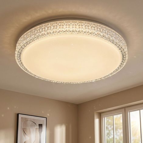 Deckenleuchte Kristallleuchte Rundlampe Deckenlampe Wohnzimmer, CCT Kristalldekor Sternenhimmel-Effekt, Metall klar weiß opal, 1x LED 22 Watt 1600 Lumen warmweiß-tageslicht, DxH 40x8,5 cm