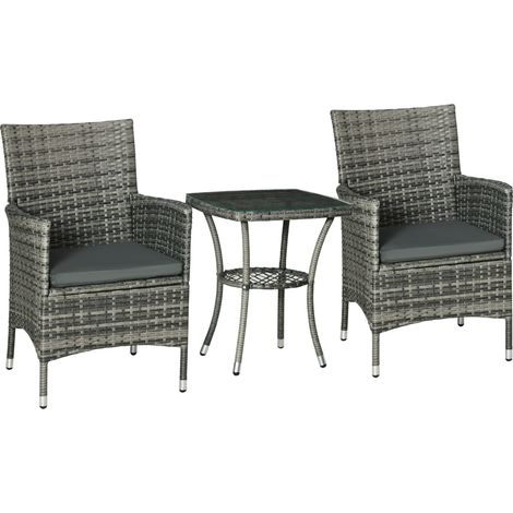 3 Pieces Rattan Bistro Set, Wicker Garden Furniture Set with 2-Tier Coffee Table Chairs, Washable Cushions, for Outdoor Patio Balcony, Mixed Grey (1/5)
