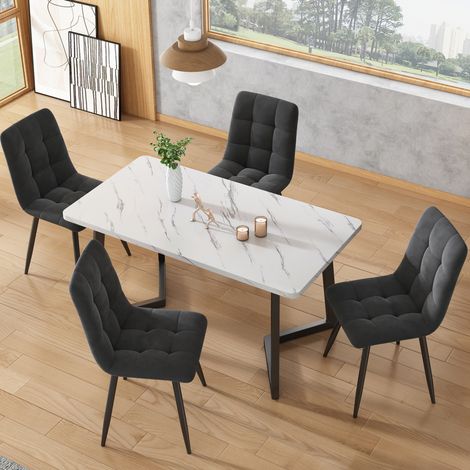 Esstisch 117x68x75 cm Weiß/Schwarz MDF mit Marmoroptik und Metallbeinen (1/5)