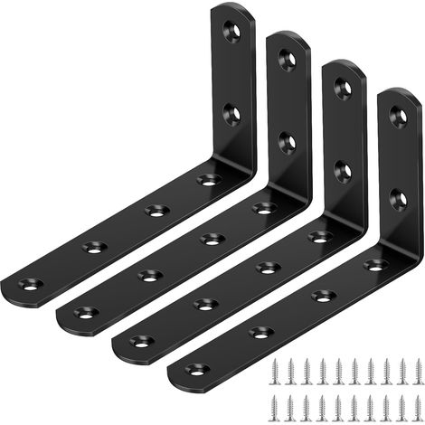 4 équerres de fixation murales noires en acier au carbone, 125 × 75 mm, avec 24 vis.