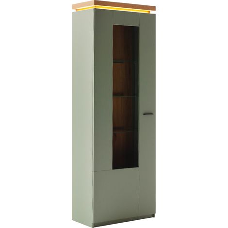 Esszimmer-Vitrine mit 70 cm Breite in Grün mit Eiche, 1 Tür, Glaseinsatz, LED-Akzentbeleuchtung - MOSTAR-05 (1/5)