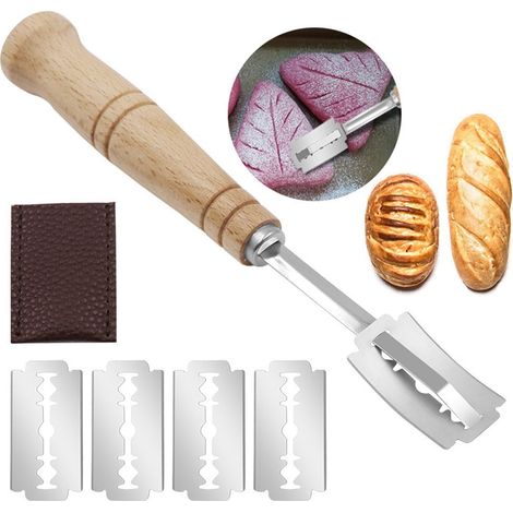Lame À Pain - Lame De Coupe Pour Pâte - Poignée En Bois Et Lame En Acier Inoxydable - 5 Lames Remplaçables - Usage Cuisine Maison Et Professionnelle (1/5)