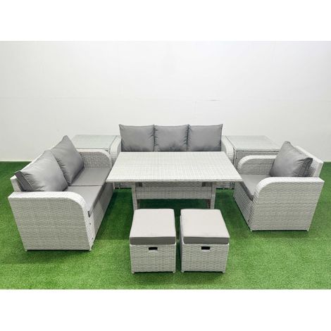 Fimous Patio PE Wicker 8 Seater Outdoor Rattan Furniture Sofa Sets with Rectangular Dining Table Reclining Chair Loveseat Sofa 3 Seater Sofa Stool 2 Side Table Light Grey (1/4)
