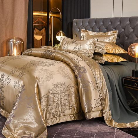Bettwäsche 200x200 cm Satin Gold Blumen Jacquard mit 2 Kissenbezügen 80x80 cm