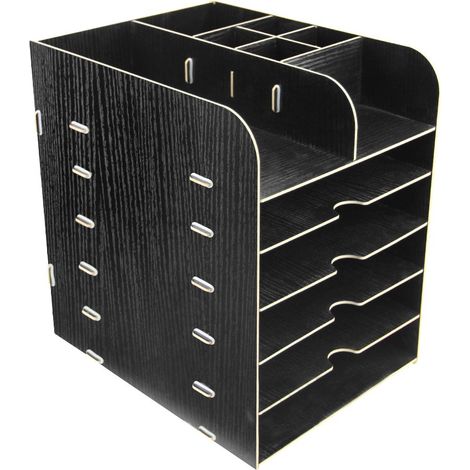 Rangement de Bureau Porte-Magazines Organisateur de table en Bois Bac à lettres avec 6 étagères Support de stockage Pot à stylo Classeur de Brosses Cosmétiques Plateau de document (1/5)
