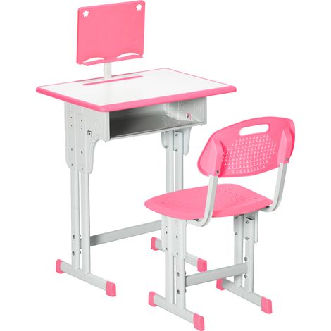 Bureau enfant avec chaise, étagère de lecture, casier, crochet et porte-stylo, 60 x 45 x 90-102 cm, rose (1/5)