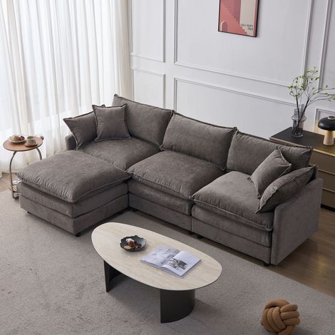 Divano Angolare Modulare 3 Posti con Pouf Mobile, Chenille, Grigio (1/5)