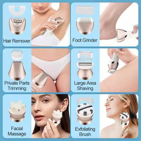 Épilateur pour femmes, étanche, 5 en 1 : tondeuse bikini, épilation des aisselles, épilateur, rasoir, rasoir visage, brosse nettoyante visage et gommage corporel, appareil d'épilation rechargeable pou (1/4)