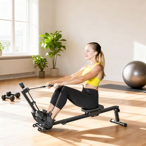 Rameur pliable avec écran LCD et siège rembourré, résistance élastique, capacité 150 kg (1/5)