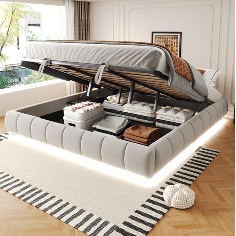 CHICFURN Cama con canapé abatible 180 x 200 cm beige de tela, sin cabecero, LED (1/5)