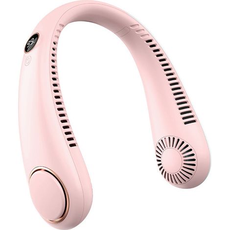 Ventilatore da collo portatile rosa senza pale con schermo, 5 velocità, ricaricabile tramite USB, mini ventilatore per il viso ideale per le vampate di calore estive. (1/5)