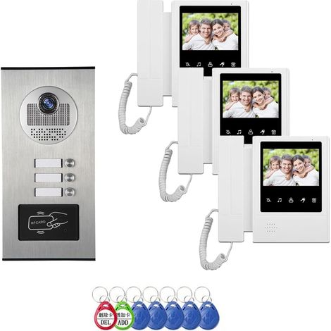 Kabelgebundene Video-Türsprechanlage mit Infrarot-Nachtsicht, geeignet für bis zu drei Haushalte, 7-Zoll-Touchscreen, Entriegelungsfunktion und Gegensprechanlage.