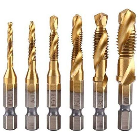 Lot de 6 tarauds filetés, foret taraud, filetage métrique M3-M10 avec revêtement en titane HSS et embouts de taraudage 1/4\" queue hexagonale cannelée pour tarauder différents fils. (1/4)