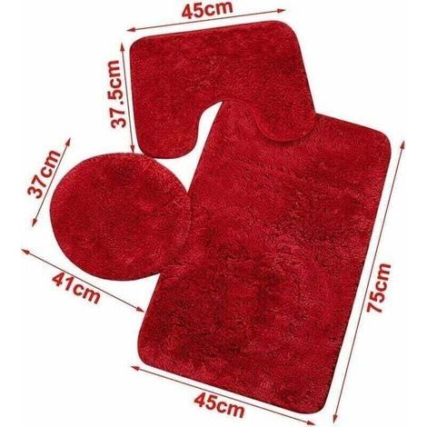 Tapis de Salle de Bains Couleur Pure 3Pcs Bath Mat Antidérapant et Absorbant Doux Tapis & Couvercle Toilette Couvercle Set Lavable, Rouge.. (1/3)