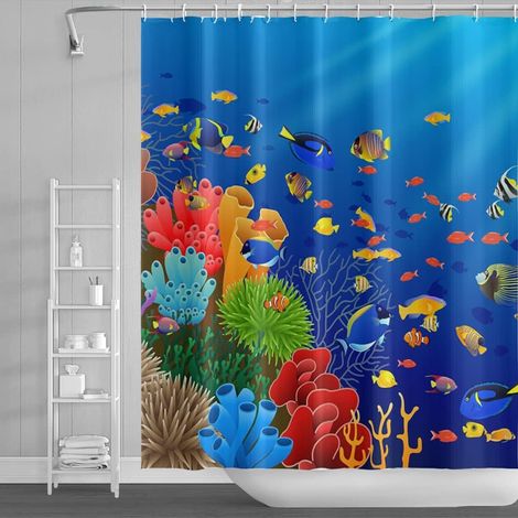 Rideau de douche océan tropical, poissons animés, récif corallien, tissu polyester (1/5)