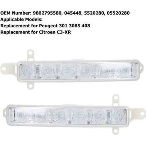 Feux diurnes LED - - 2 pièces - Résistants à la chaleur - Peugeot 301, 308S, 408 - Citroën C3-XR - ABS transparent (1/4)