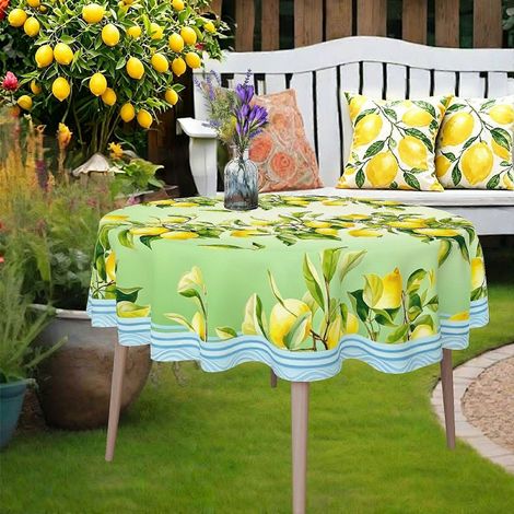 Nappe ronde vert clair à motif citron, 1 pièce, idéale pour les pique-niques et les repas entre amis. Nappe légère et résistante, parfaite pour une table d'appoint. (1/4)