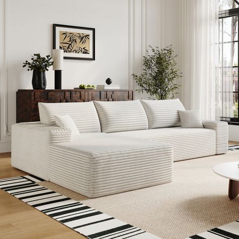 Canapé d'angle convertible 270x175x83 cm – canapé l xl 3 places avec méridienne à gauche assise moelleuse – velours côtelé – blanc (1/5)