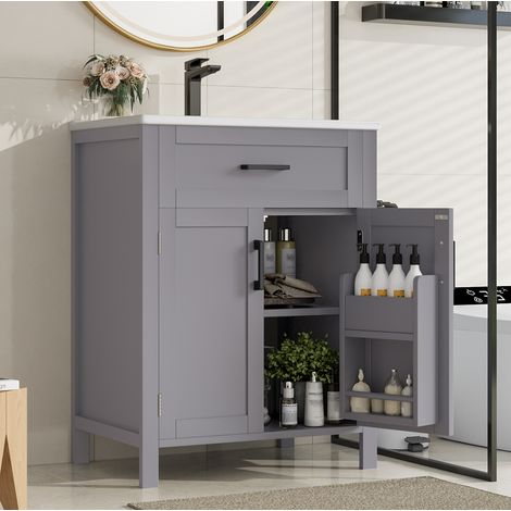Meuble vasque 60x46x84,8 cm en MDF et céramique gris avec rangements, pour salle de bain – MEUBLIV (1/5)