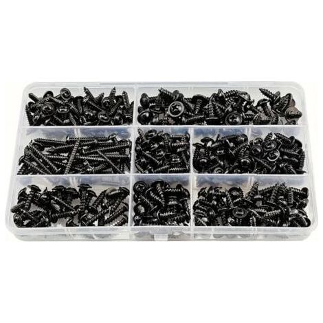 Lot de 340 vis autoperceuses noires pour tôle – tête plate, acier inoxydable et carbone, tailles M3.0-M4.8, avec boîte de rangementAec (1/5)