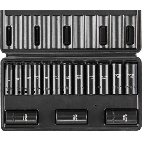 VEVOR Set di bussole a percussione da 3/8 pollici, Set di bussole profonde da 15 pezzi metrico 8-22 mm, Acciaio legato Cr-Mo a 6 punti per riparazioni auto, Kit di attrezzi bussole per riparazioni (1/5)