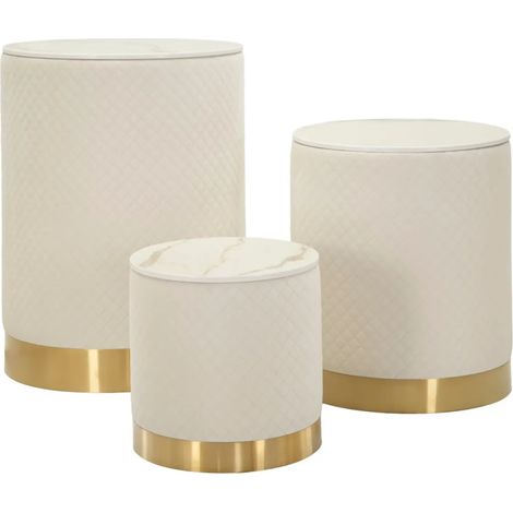Set 3 Pouf Contenitori Crema Oro Legno Metallo da Interno Espositori
