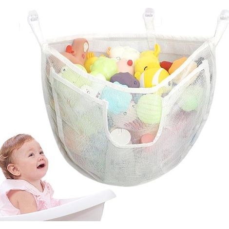 Porte-jouets de bain - Panier de rangement en filet - Rangement pour jouets - Design compact - 36 x 46 cm - Blanc (1/5)
